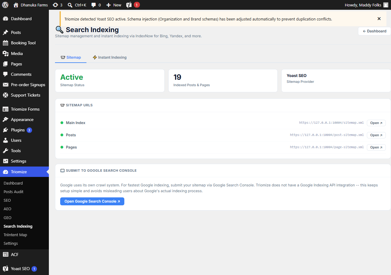 Triomize Search Indexing view