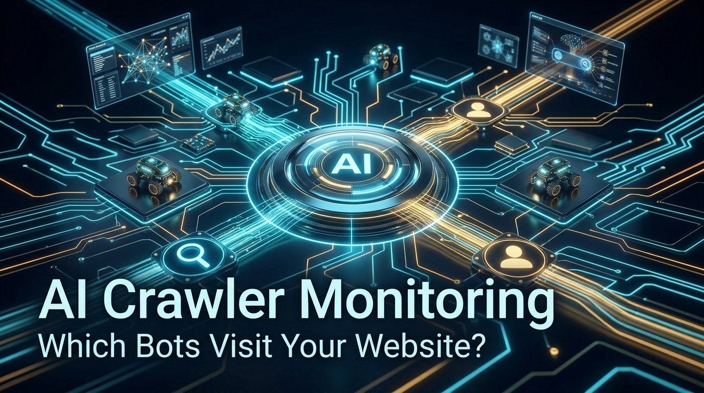 Futuristic AI crawler monitoring featured image showing AI bots visiting a website architecture grid and flowing into a monitoring dashboard.
