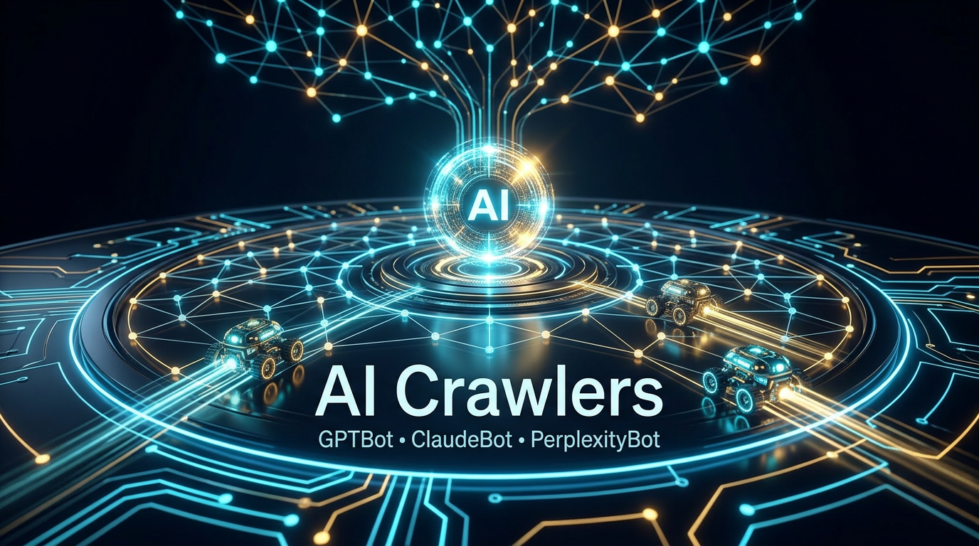 Futuristic AI Crawlers featured image showing glowing crawler bots, neural pathways, and an AI search core for GPTBot, ClaudeBot, and PerplexityBot.