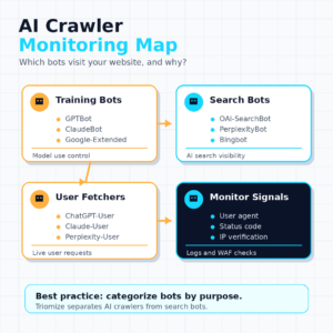 Square infographic showing an AI crawler monitoring map with training bots, search bots, user fetchers, and monitor signals.