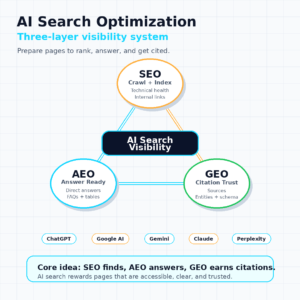 infographic showing AI Search Optimization as a three-layer visibility system with SEO, AEO, and GEO connected to AI Search Visibility.