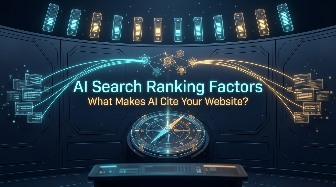 Futuristic AI Search Ranking Factors featured image showing a ranking signal compass, citation beams, website sources, and AI search signal columns.