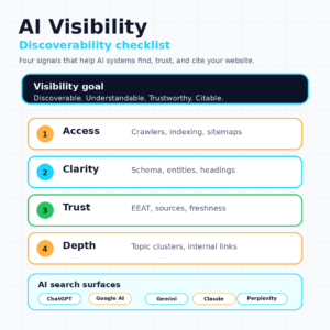 Clean square infographic showing an AI Visibility checklist with access, clarity, trust, depth, and AI search surfaces.