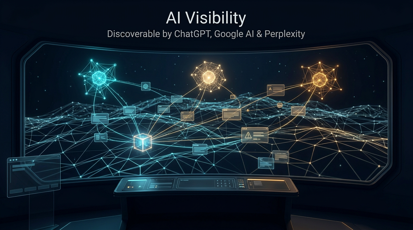 Dark futuristic AI Visibility featured image showing a website signal beacon becoming discoverable across AI search constellations, citation beams, source cards, and search paths.