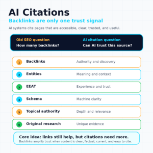infographic showing AI citations and backlinks with six trust signals: backlinks, entities, EEAT, schema, topical authority, and original research.
