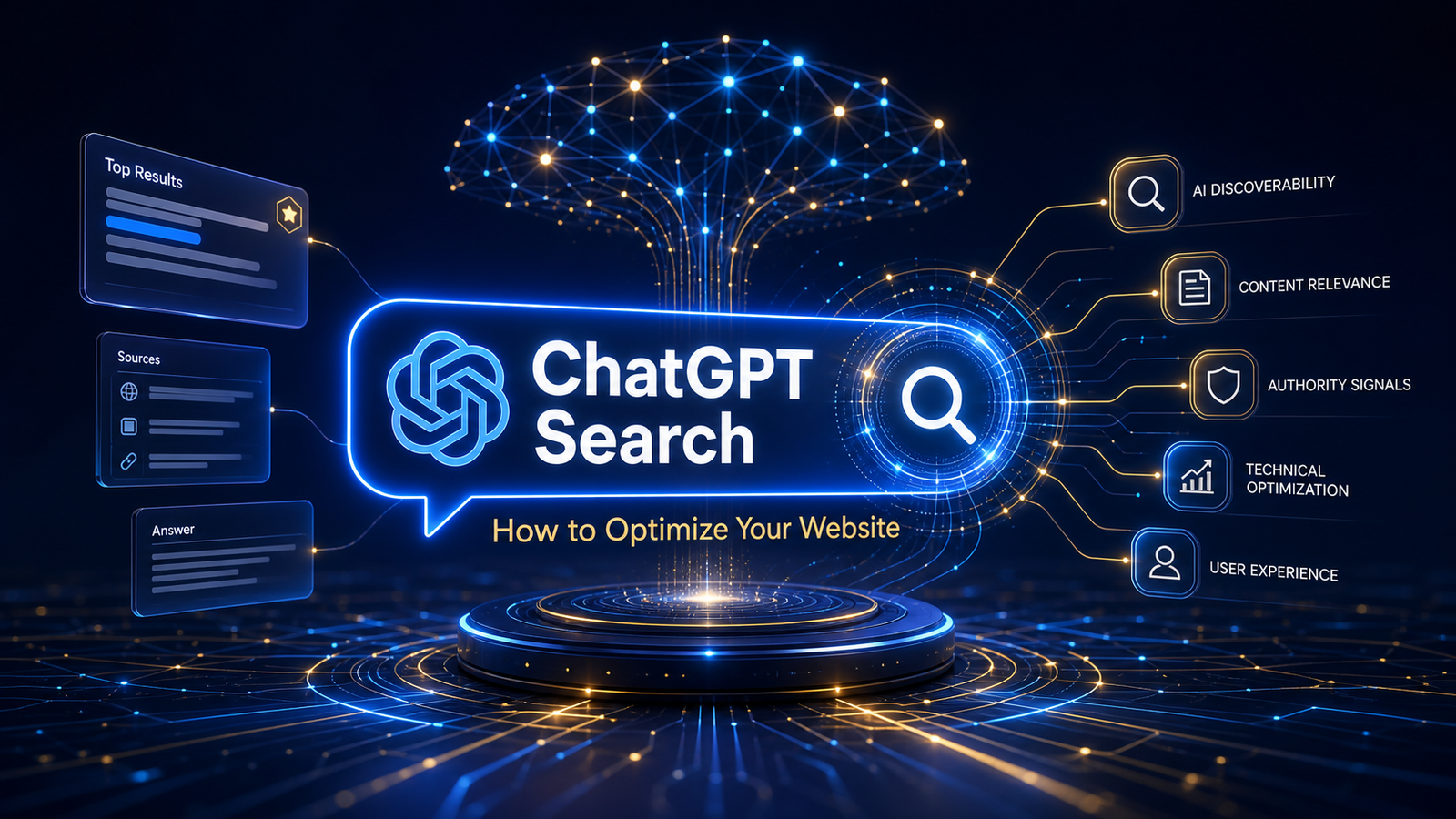 3D abstract digital illustration of a glowing conversational AI speech bubble and neural data pathways representing ChatGPT Search web discoverability.