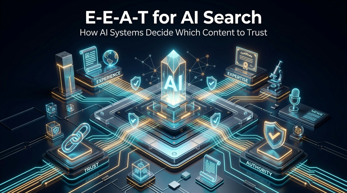 EEAT for AI Search featured image showing experience, expertise, authority, and trust signals flowing into an AI search core.