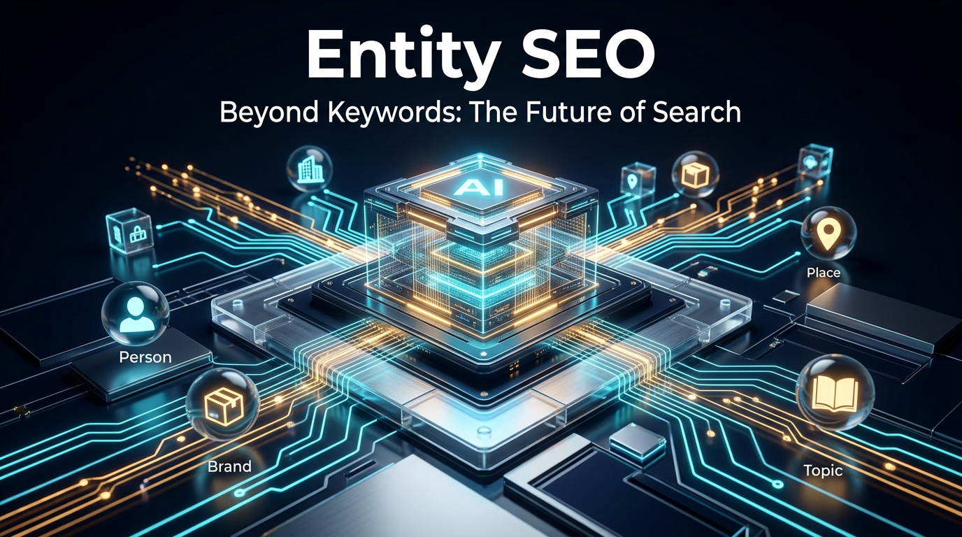Entity SEO featured image showing a glowing knowledge graph of people, brands, places, and topics flowing into an AI search core.