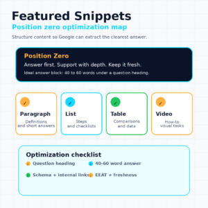 Square infographic showing featured snippet optimization with position zero, paragraph, list, table, video snippets, and an optimization checklist.