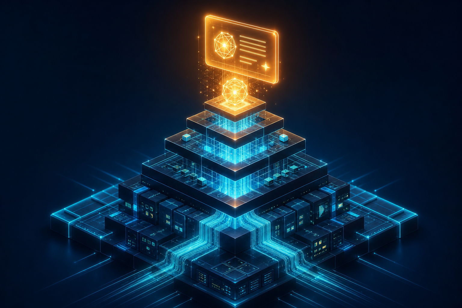 3D illustration of a search funnel pyramid showing GEO vs SEO, where foundational SEO forms the wide digital base and Generative Engine Optimization (GEO) sits at the top glowing AI citation layer.