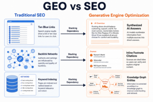 The main difference between GEO vs SEO is that Search Engine Optimization focuses on ranking web pages in traditional search engine results to capture organic link clicks, while Generative Engine Optimization focuses on earning direct brand citations and footnotes inside AI-generated answers from platforms like ChatGPT, Perplexity, and Google AI Overviews.Table of Contents GEO vs SEO: what is the actual difference? What is SEO (Search Engine Optimization) in 2026? What is GEO (Generative Engine Optimization) and how does it work? GEO vs SEO: how do core ranking signals differ? Why do modern websites need both SEO and GEO in 2026? How can you optimize your website for GEO and SEO simultaneously? The unified GEO + SEO optimization checklist Modern websites need both in 2026 because SEO establishes foundational domain trust and indexing, while GEO structures original empirical statistics, direct definitions, and entity relationships so large language models can extract and recommend your content. GEO vs SEO: what is the actual difference? GEO vs SEO is one of the most critical search strategy shifts facing digital brands this year. Search Engine Optimization is the practice of ranking web pages in traditional blue link results. Generative Engine Optimization is the practice of structuring content so AI search platforms pull your empirical facts and display your brand as a cited source. Both disciplines are essential in 2026, and you cannot succeed at GEO without a strong SEO foundation. The GEO vs SEO shift is driven by massive changes in user behavior. According to SparkToro's 2024 zero-click search study, 58.5% of Google queries now end without a click. Furthermore, Gartner research projects traditional search engine volume will drop by 25% over the next two years as searchers turn to generative answer engines. That gap between traditional rankings and AI citations is what GEO exists to close. If you believe GEO is replacing SEO, you are falling for an industry myth. Generative Engine Optimization sits directly on top of Search Engine Optimization. Large language models and AI crawlers rely on the exact same web index traditional search engines build. If Google or Bing cannot crawl and index your page, AI tools like ChatGPT and Perplexity will never find it or cite it. This is why the Triomize plugin scores your content across three independent 100-point matrices for SEO, AEO, and GEO simultaneously inside WordPress. This guide breaks down what Search Engine Optimization and Generative Engine Optimization actually mean, how their ranking signals differ, why they depend on each other, and practical steps to optimize for both engines today. What is SEO (Search Engine Optimization) in 2026? Search Engine Optimization is the discipline of improving website pages so they rank highly on traditional search engines like Google and Bing. For nearly three decades, SEO has served as the primary growth engine for digital websites, and it still drives over half of all trackable web traffic according to BrightEdge research. The core SEO ranking signals in 2026 remain grounded in domain authority and technical access: Topical relevance and keyword placement. Your headers and body text must clearly map to user search intent. Authoritative backlinks. High-quality external websites linking to your domain remain Google's primary trust metric. Technical infrastructure. Clean sitemaps, fast server response times, and strong Core Web Vitals scores. Helpful content depth. Search algorithms reward pages that provide thorough, accurate explanations. Entity schema architecture. Structured data clarifies exactly what entity your page represents. SEO is the bedrock of multi-engine discoverability. If your technical SEO is broken, AI answer engines cannot verify your domain credibility. Using content intelligence tools like Triomize allows marketing teams to verify all 23 foundational SEO checks directly inside the post editor before publishing. What is GEO (Generative Engine Optimization) and how does it work? Generative Engine Optimization is the practice of optimizing digital content so that artificial intelligence search engines synthesize, quote, and cite your brand inside generated answers. Rather than showing ten blue hyperlinks, answer engines read dozens of web documents in real time and generate a consolidated response with inline footnote citations. Key platforms driving generative search include: ChatGPT with Search: OpenAI's live browsing engine that cites web domains inside conversational responses. Google AI Overviews: Generative summaries appearing above organic search results on nearly 50% of desktop queries. Perplexity AI: An AI-native answer engine designed to provide footnote-linked research summaries. Gemini and Claude: Advanced language models that rely on factual consensus across trusted web entities. To win citations in these generative interfaces, your content must satisfy specific GEO signals: Empirical statistics and original data. Proprietary benchmarks and cited research are the single strongest triggers for AI inclusion. Direct answer-first structures. Clear definition sentences placed at the top of every section. Clean modular formatting. Comparison tables, numbered steps, and bulleted lists that AI parsers can easily extract. Entity clarity and external citations. Linking out to university studies or official documentation proves factual accuracy. Unblocked AI crawlers. Server rules permitting bots like GPTBot and PerplexityBot to read your pages. If SEO focuses on being ranked, GEO focuses on being cited and recommended. GEO vs SEO: how do core ranking signals differ? While both strategies aim to connect audiences with valuable answers, they evaluate web content differently. Traditional search engines score pages based on historical link equity and keyword prominence. AI engines score pages based on factual density, entity consensus, and sentence structure. Research conducted by researchers at Princeton University and IIT Delhi proved that Generative Engine Optimization relies heavily on empirical evidence and authoritative quotes. Their study revealed that adding original statistical data and expert citations increased AI recommendation rates by up to 40% across generative search benchmarks. Here is a side-by-side comparison illustrating how Search Engine Optimization and Generative Engine Optimization diverge: Comparison Factor Traditional SEO Generative Engine Optimization (GEO) Primary Goal Rank web pages in traditional organic search results Earn brand citations and footnotes inside AI answers Target Platforms Google Search, Bing, Yahoo blue links ChatGPT, Perplexity AI, Google AI Overviews, Gemini Core Ranking Signals Backlinks, keyword density, technical site speed Original statistics, entity relationships, structured data User Experience Scrolling a list of hyperlinks and clicking through pages Reading a synthesized answer with inline source links Success Metrics Organic session volume, keyword ranking positions AI citation frequency, share of voice, brand sentiment Content Structure Long-form articles optimized around topical keyword clusters Direct answer blocks, comparison tables, modular lists Dependency Standalone foundational search layer Depends completely on underlying technical SEO Notice the bottom row. GEO inherits your crawlability and domain trust directly from SEO. Why do modern websites need both SEO and GEO in 2026? Treating SEO and GEO as competing strategies leaves major gaps in your marketing funnel. In 2026, search is a hybrid experience. A user might discover your brand through a Google AI Overview summary, verify your reputation via traditional search rankings, and ask ChatGPT for pricing comparisons. When an AI summary appears in Google search results, traditional link clicks drop by roughly 47% according to Pew Research Center findings. Websites that ignore Generative Engine Optimization lose visibility on simple zero-click queries. At the same time, large language models verify facts by checking consensus across top-ranking web pages. A 2024 study across 10,000 AI-cited URLs showed that 68% of sources featured in Google AI Overviews also ranked in the traditional top ten organic search results. If you abandon traditional SEO, your page falls out of the index, and your AI citations vanish with it. This stacking dependency explains why Triomize scores SEO, AEO, and GEO independently rather than merging them into one metric. To understand how AEO (Answer Engine Optimization) fits between traditional search and generative search, review our complete guide to SEO vs AEO vs GEO. Furthermore, you can explore detailed tactics for generative engines in our breakdown of GEO in 2026. How can you optimize your website for GEO and SEO simultaneously? You do not need separate teams creating isolated content for AI and search engines. Instead, build a unified workflow that scores high on every matrix at once. By combining actionable empirical data with clean technical formatting, you ensure your posts win both blue links and AI footnotes. Instead of guessing whether your article is extractable by AI parsers, you can rely on the live Triomize scoring matrix inside WordPress to verify every core signal. The unified GEO + SEO optimization checklist  Open your post with a direct definition answering the topic query within the first 100 words.  Put your exact focus keyword in the title, URL slug, and at least two subheadings.  Structure H2 and H3 headings as exact user questions or tight topic statements.  Publish original empirical data, survey percentages, or verified research metrics.  Cite authoritative external sources and link out to recognized industry benchmarks.  Build clean comparison tables and numbered step-by-step lists for modular extraction.  Keep average sentence length under 20 words to prevent LLM summarization errors.  Check your robots.txt file to ensure GPTBot, ClaudeBot, and PerplexityBot are allowed.  Implement structured Article, Organization, and FAQPage schema markup.  Update core articles annually to signal factual freshness to real-time AI crawlers.