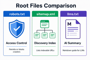 3-column infographic comparison chart showing the differences between robots.txt for access control, sitemap.xml for search indexing, and llms.txt for AI summaries.