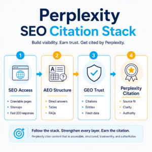 infographic showing the Perplexity SEO citation stack with SEO access, AEO structure, GEO trust, and Perplexity citation.
