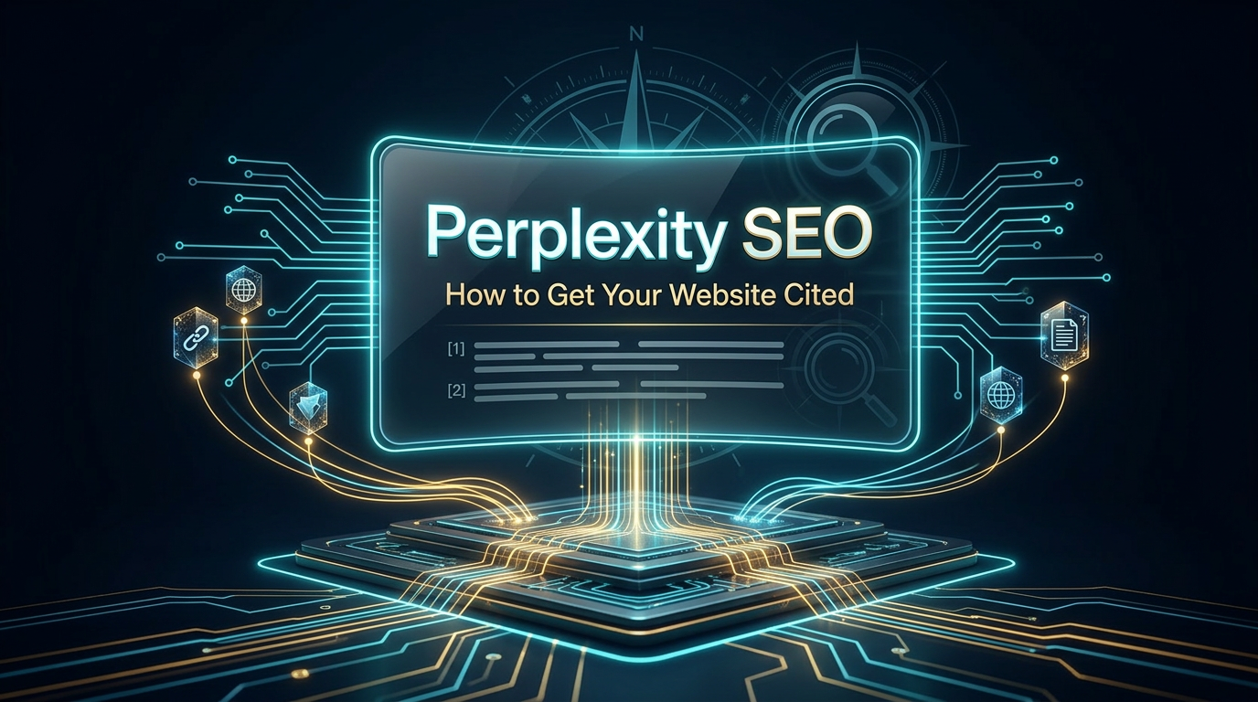 Futuristic Perplexity SEO featured image showing an AI answer panel, citation pathways, source icons, and a glowing search platform.