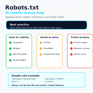 Square infographic showing a Robots.txt AI crawler access map with allow for visibility, decide by policy, protect properly, and simple robots.txt rules.