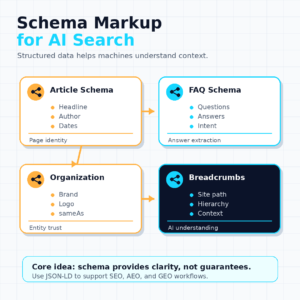 Square infographic showing schema markup for AI search with Article Schema, FAQ Schema, Organization Schema, and Breadcrumb Schema.