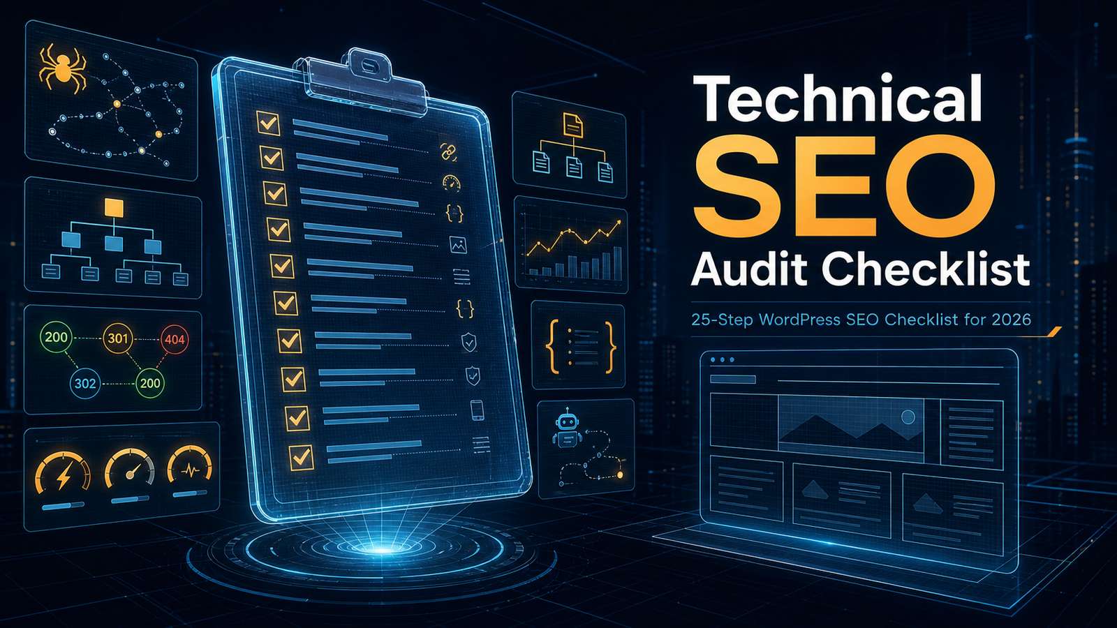 Technical SEO Audit Checklist featured image showing a holographic clipboard, SEO diagnostic panels, status codes, sitemaps, Core Web Vitals, schema, and AI crawler traces.