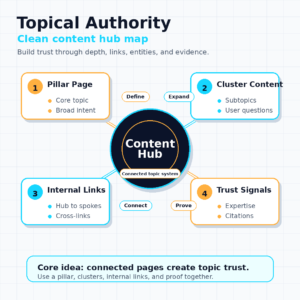 Clean square infographic showing topical authority as a content hub map with pillar page, cluster content, internal links, trust signals, and a central connected topic system.