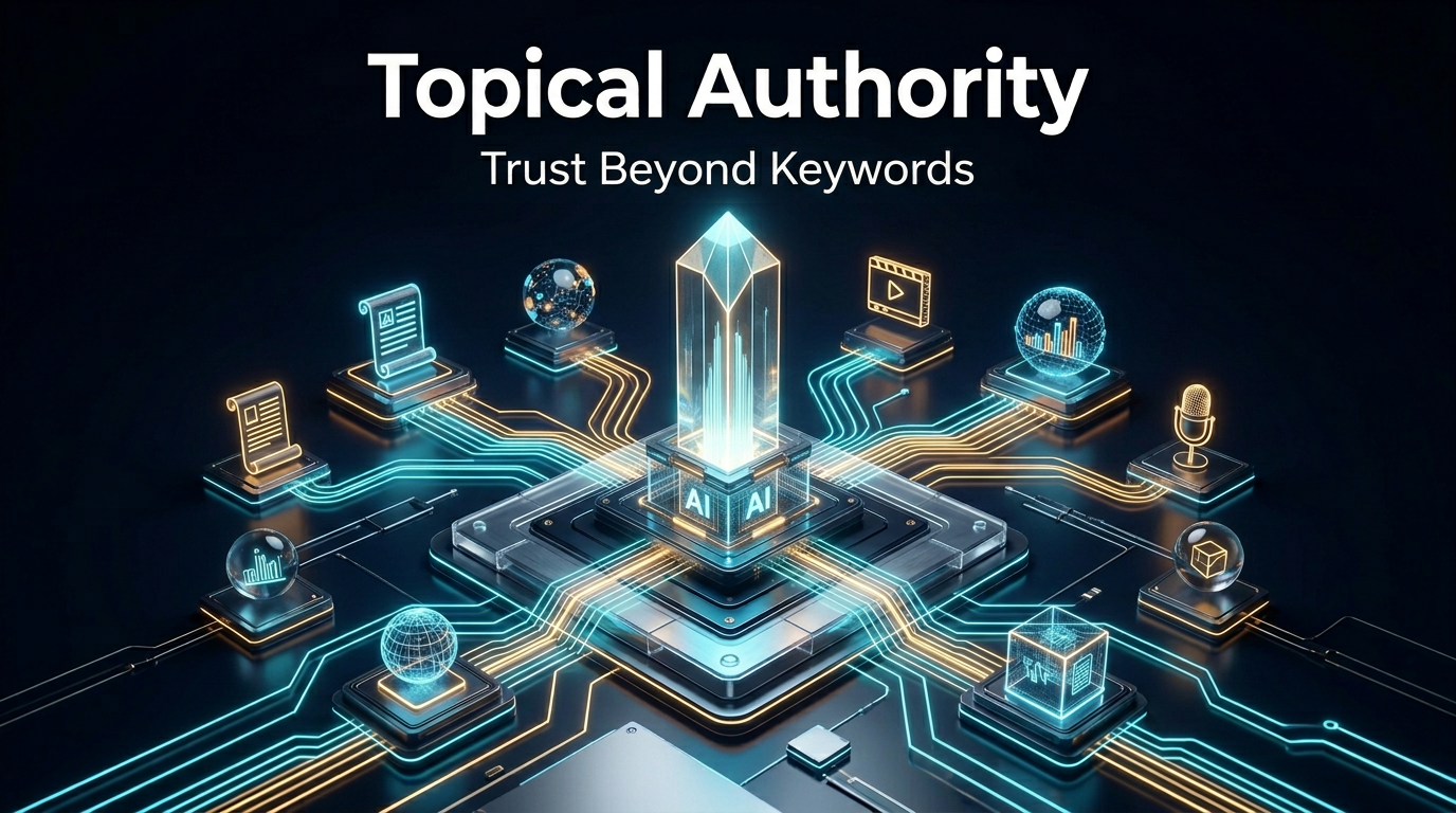 Topical Authority featured image showing a central content hub connected to content cluster nodes and an AI search core.