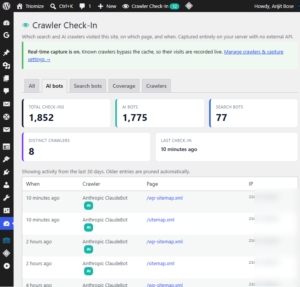 Triomize AI Crawler Monitoring dashboard showing AI bot activity, search bot visits, crawler statistics, and real-time website check-ins.