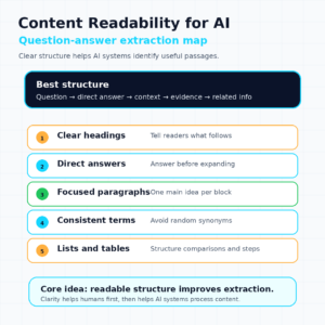 infographic showing a content readability for AI extraction map with clear headings, direct answers, focused paragraphs, consistent terms, and lists and tables