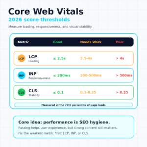 Square infographic showing Core Web Vitals 2026 score thresholds for LCP, INP, and CLS with good, needs improvement, and poor ranges.
