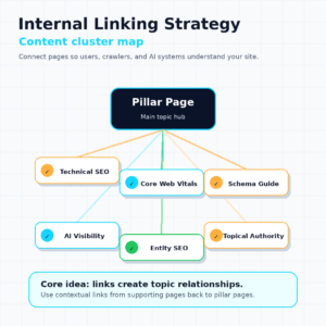 Square infographic showing an internal linking strategy content cluster map with a pillar page connected to technical SEO, Core Web Vitals, Schema Guide, AI Visibility, Entity SEO, and Topical Authority.